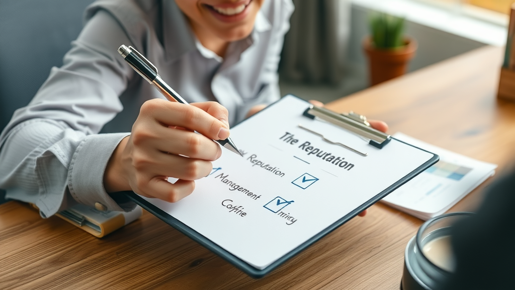 organized business professional checking off key reputation management strategies, brand protection checklist