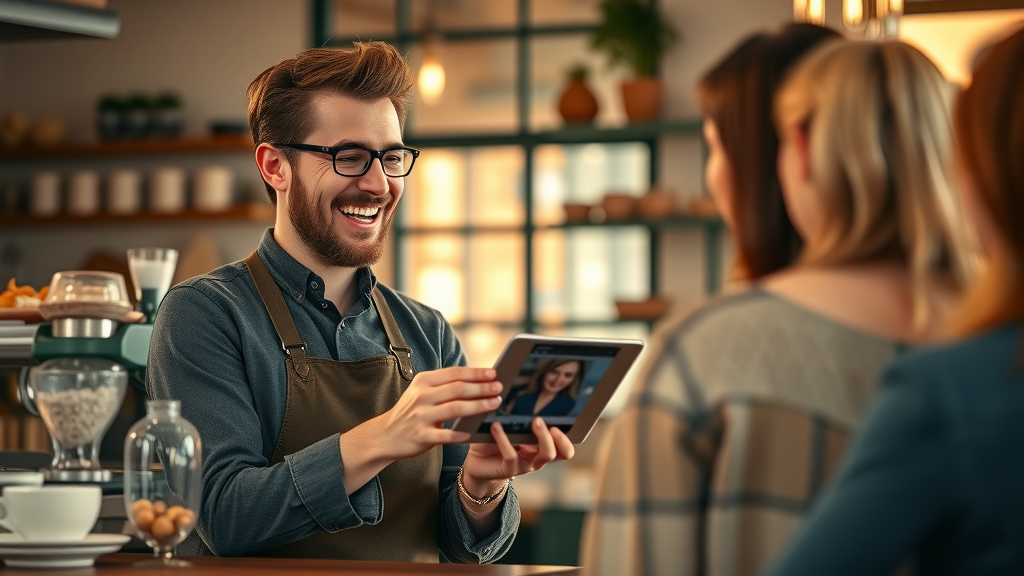 Cafe owner engaging customers through social media storytelling on tablet.