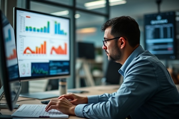 meticulous advertising budget, concentrated, planning resources, photorealistic, modern office with digital screens, highly detailed, charts and graphs, f/1.8 for selective focus, muted colors, soft ambient lighting, shot with a 50mm lens.