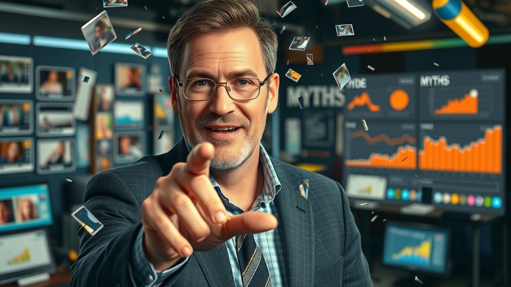 confident marketer myth-busting video marketing myths in dramatic newsroom with charts and animated shards