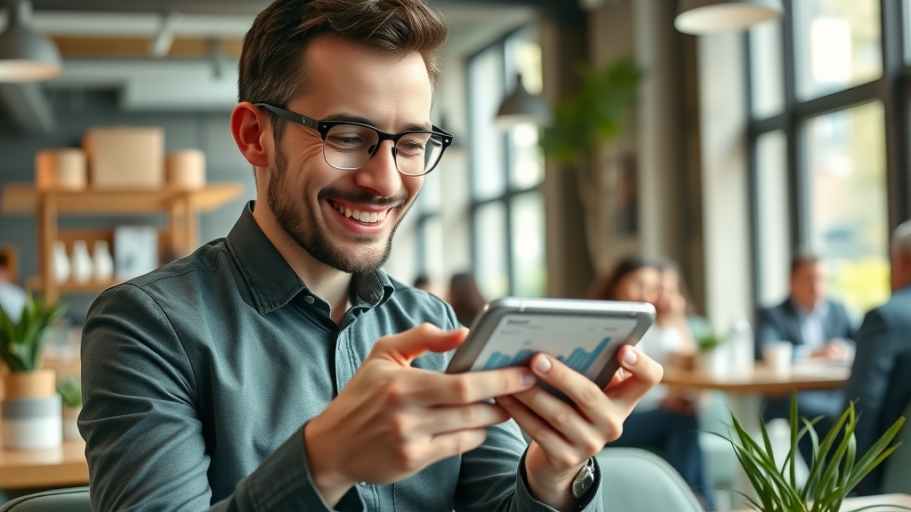 business owner checking analytics on smartphone, traffic increase on optimized mobile site – responsive web design