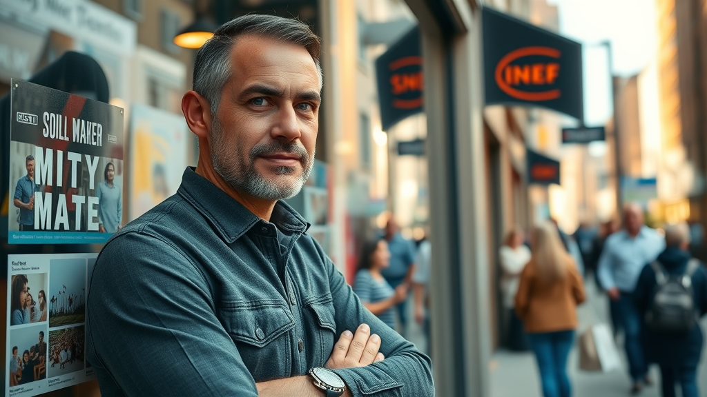 Small business owner standing outside shop with successful social media campaign images in window.