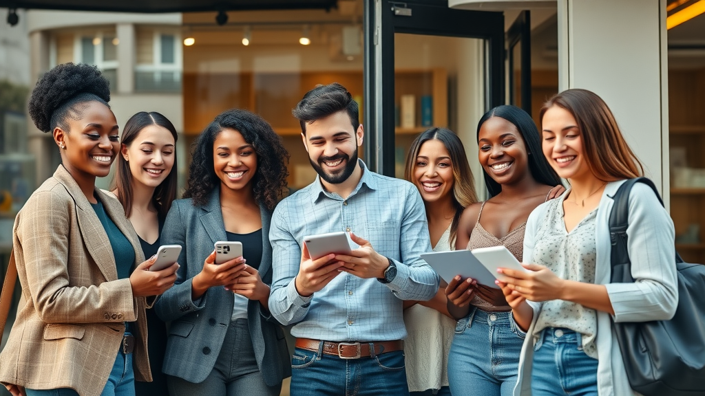 dynamic group of diverse small business owners engaging with influencer marketing material in an urban storefront environment - influencer marketing for small businesses