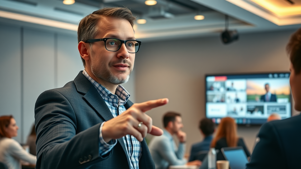 Small business video tips - digital marketing strategist presenting video trend data to small business audience