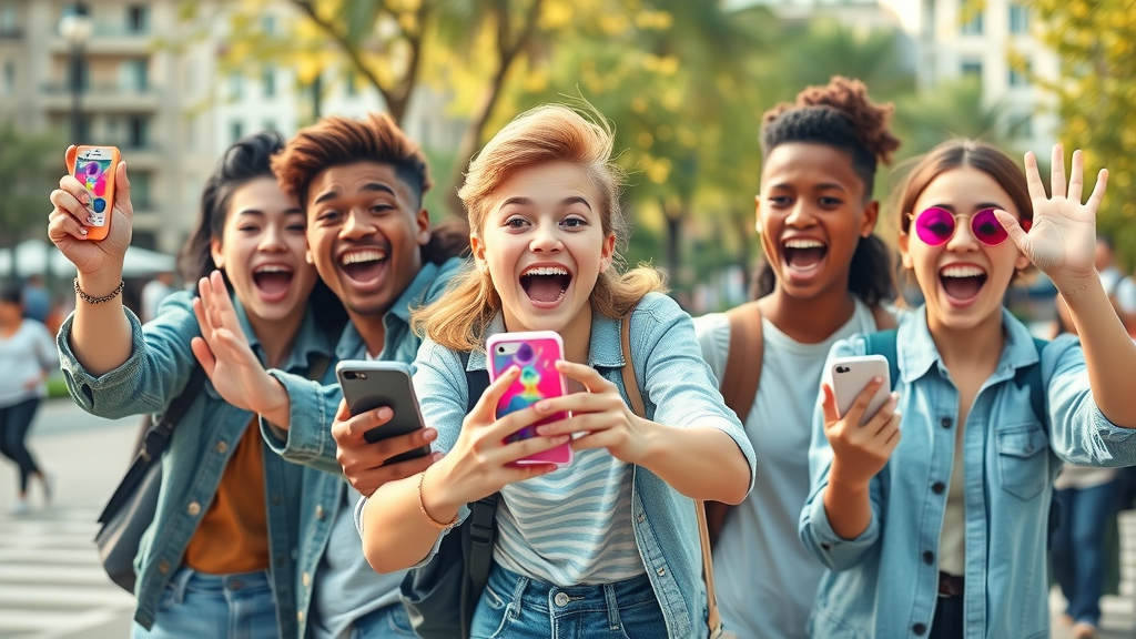 youthful influencers shooting viral short form video content for social media marketing on smartphones in vibrant urban setting