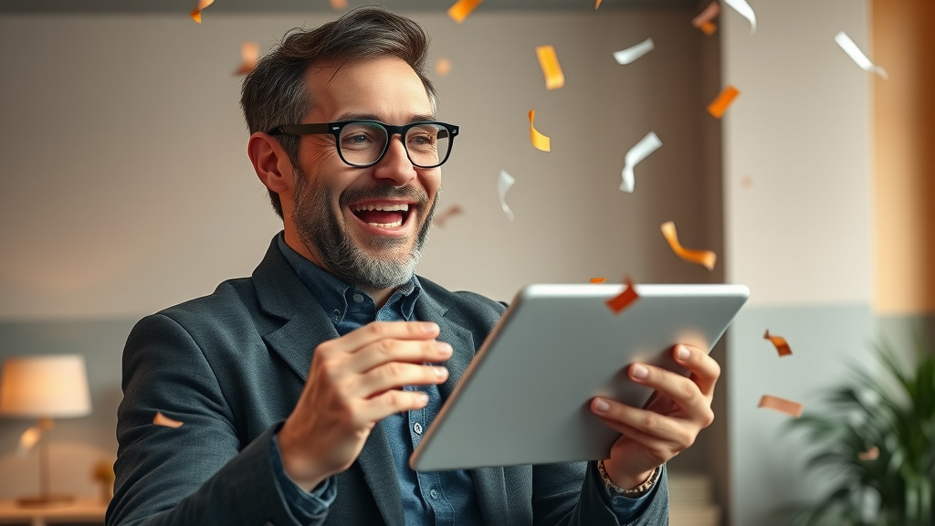 successful entrepreneur celebrating positive online business reviews, online reviews, positive review impact, warm office lighting