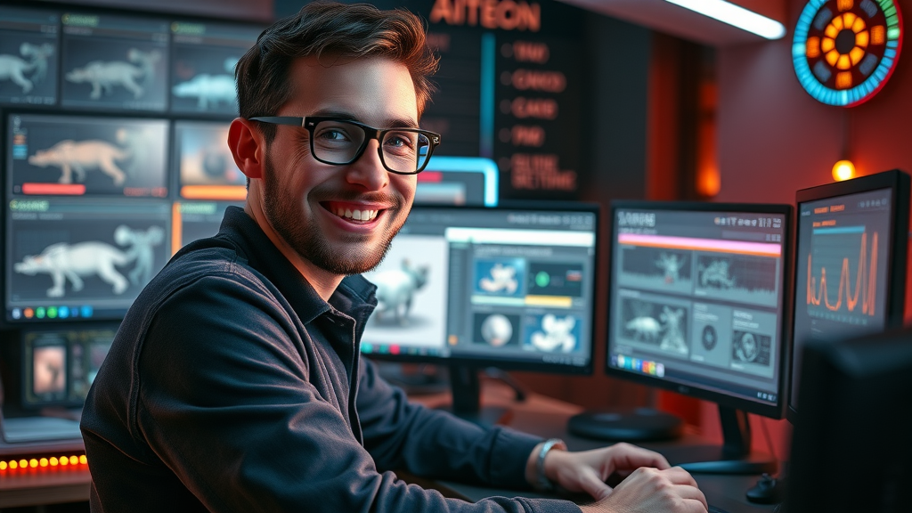 talented animator refining animation sequences and visuals for engaging video content in futuristic workstation