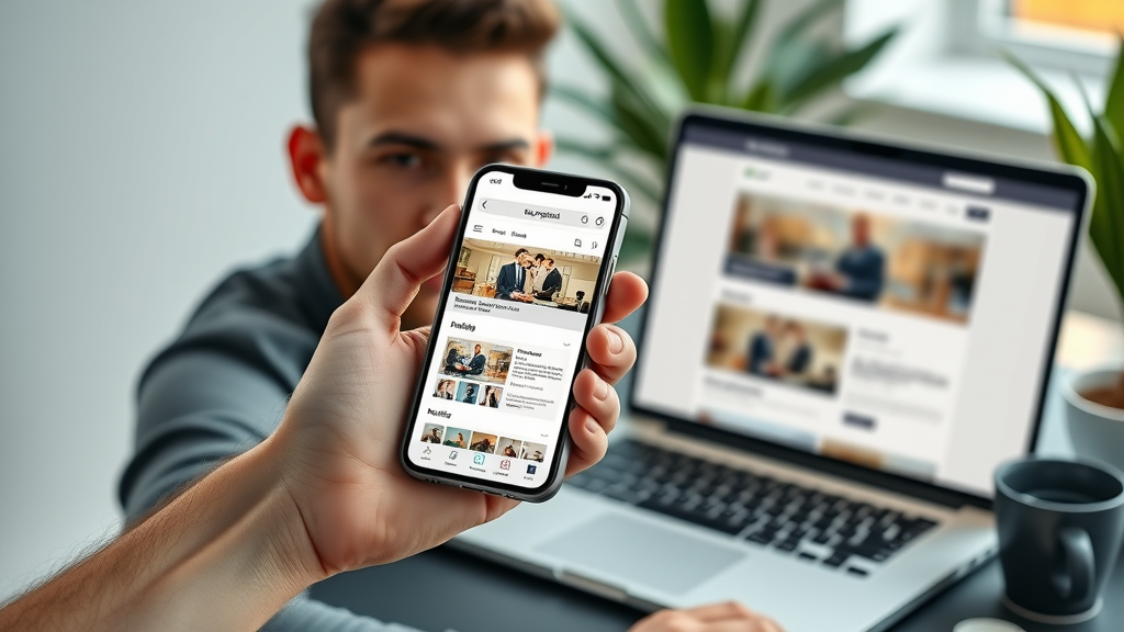 developer’s hand holding a smartphone showing a crisp scalable website image alongside a laptop displaying the same website – responsive web design