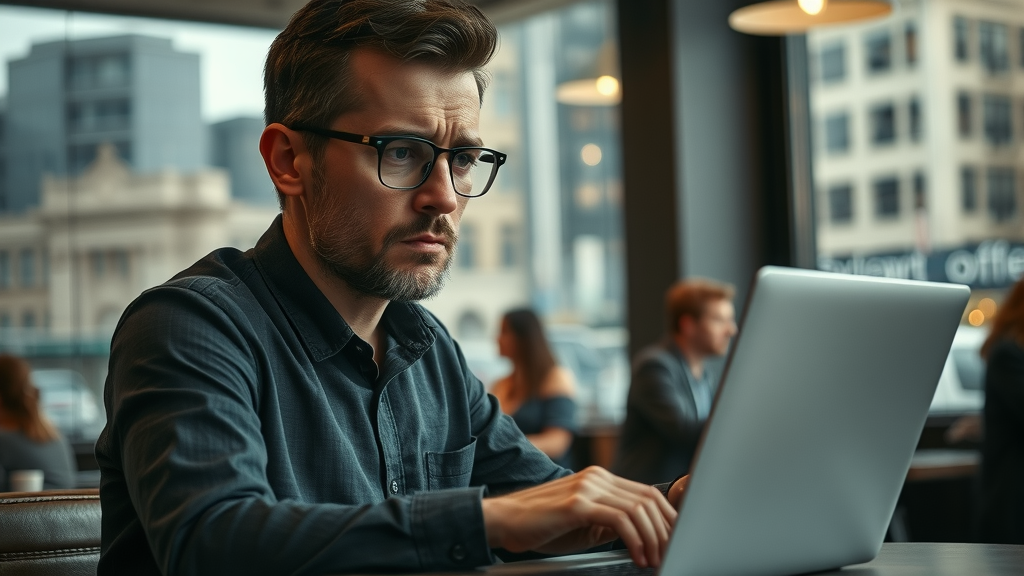 concerned entrepreneur reviewing negative online comments as part of reputation repair strategies for damaged reputation online