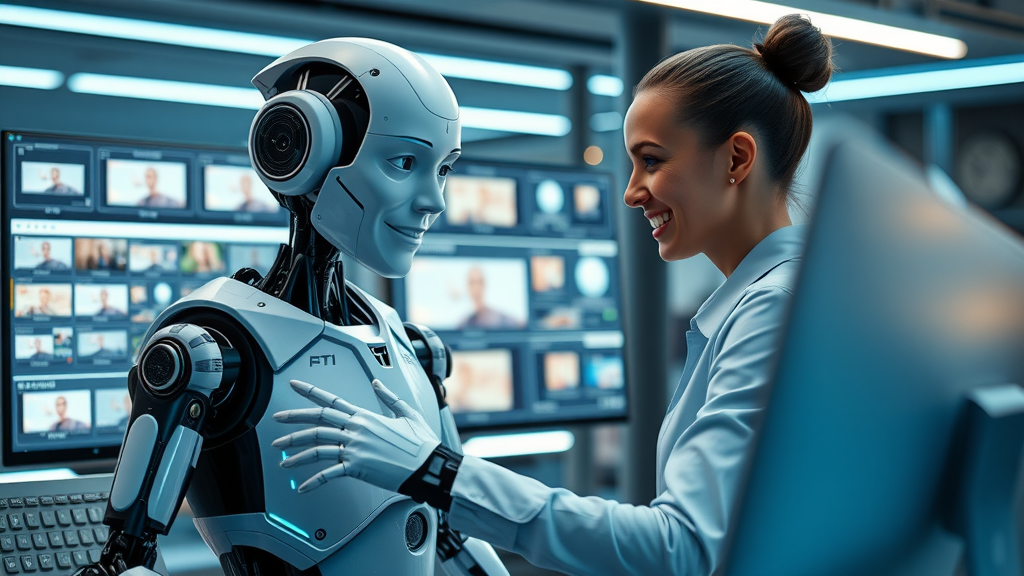 AI-powered video marketing tool collaborating with marketer at high-tech workstation.