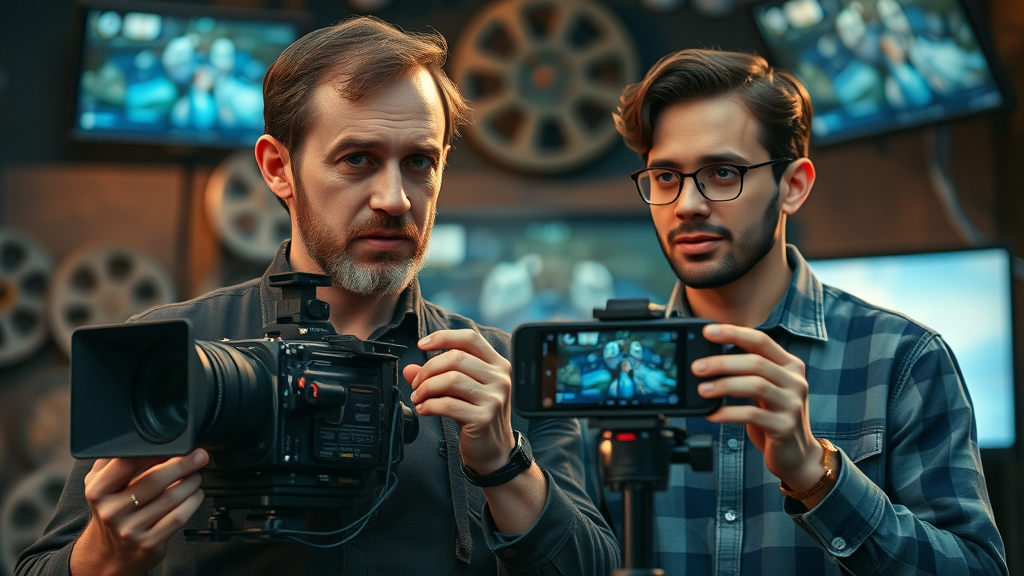 traditional video production vs modern video content creation with film camera and smartphone