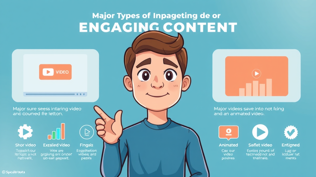 infographic illustrating major types of engaging video content: short video, explainer video, animated video, with graphs, on digital background