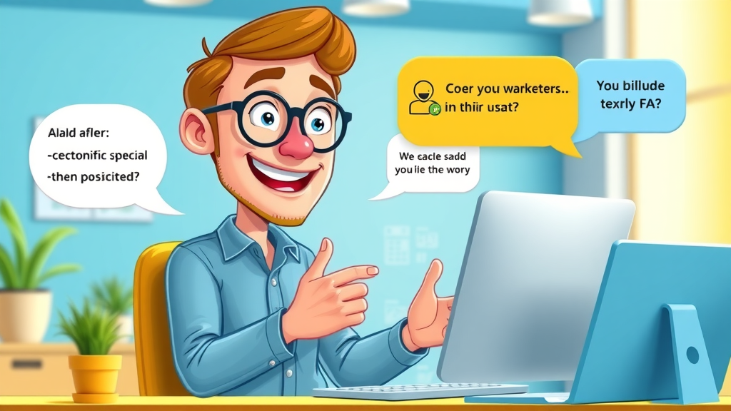 Friendly marketer giving advice, local business social media tactics, answering social media FAQ, animated icons for questions