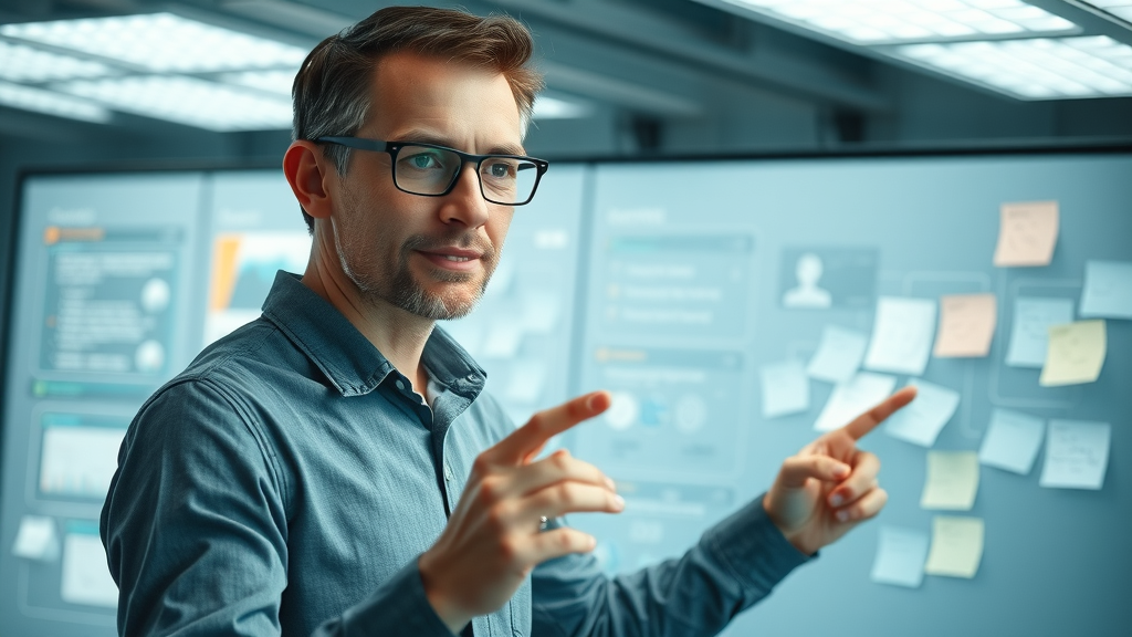 content marketing for authority: strategist mapping content topics on a digital whiteboard in a futuristic setting
