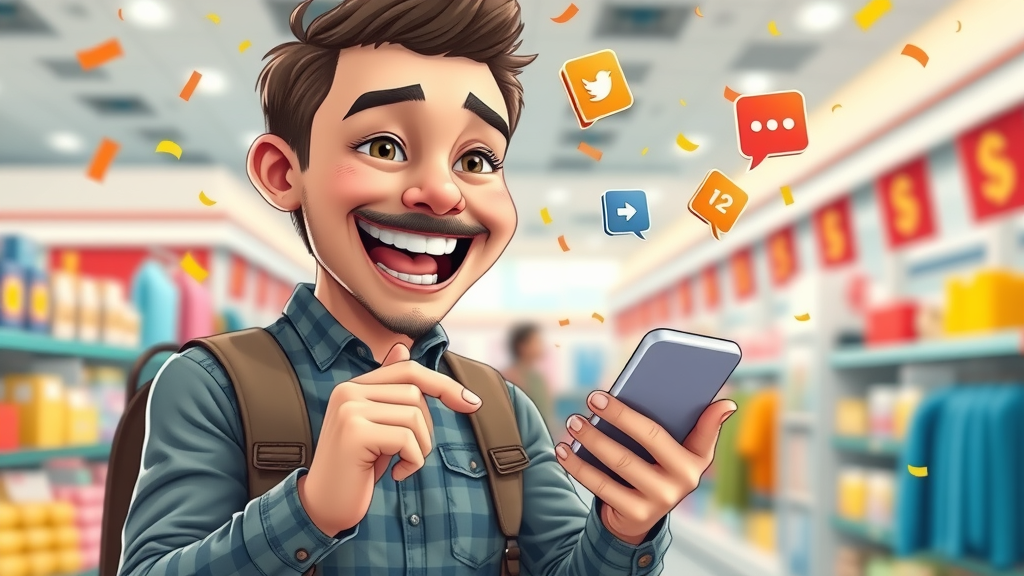 Happy customer referring friends via smartphone, spreading positive experiences and supporting small business growth with referral rewards.