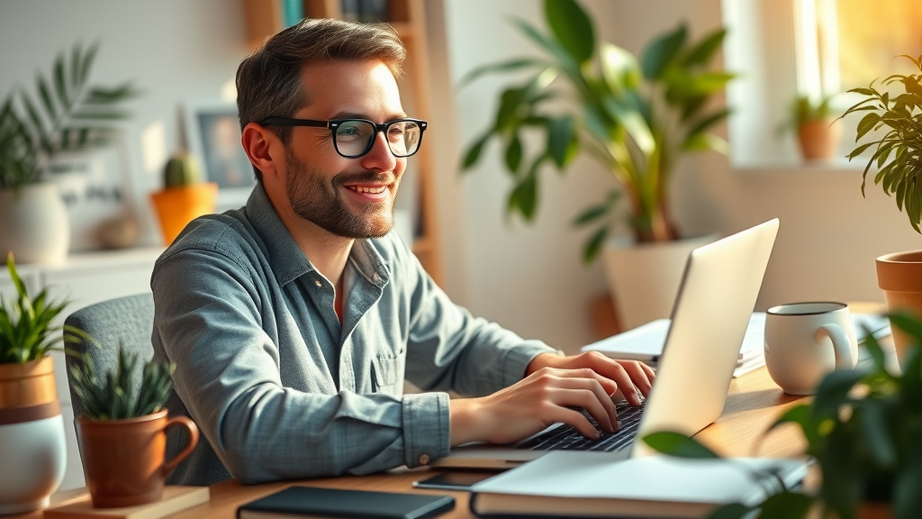 confident professional writer typing a guest post pitch on a laptop in a cozy home workspace