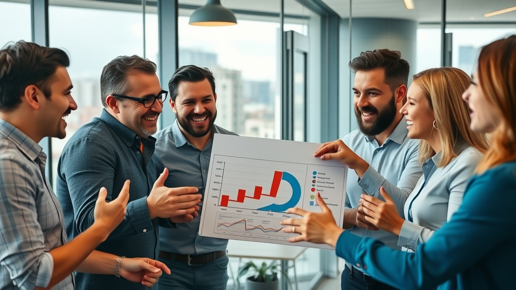 small business lead generation sales and marketing team collaborating energetic meeting charts city view