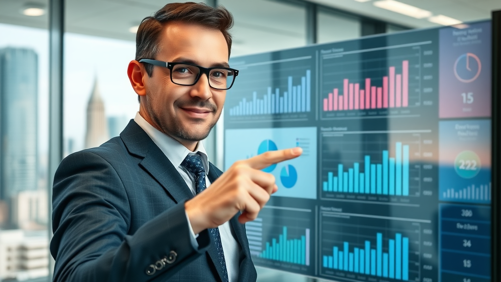 dynamic business professional analyzing digital brand reputation dashboard, online reputation management strategies, modern office, cityscape view