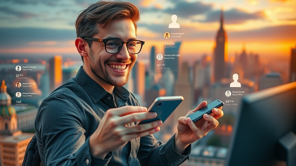 social media marketing manager interacting online community cityscape notifications