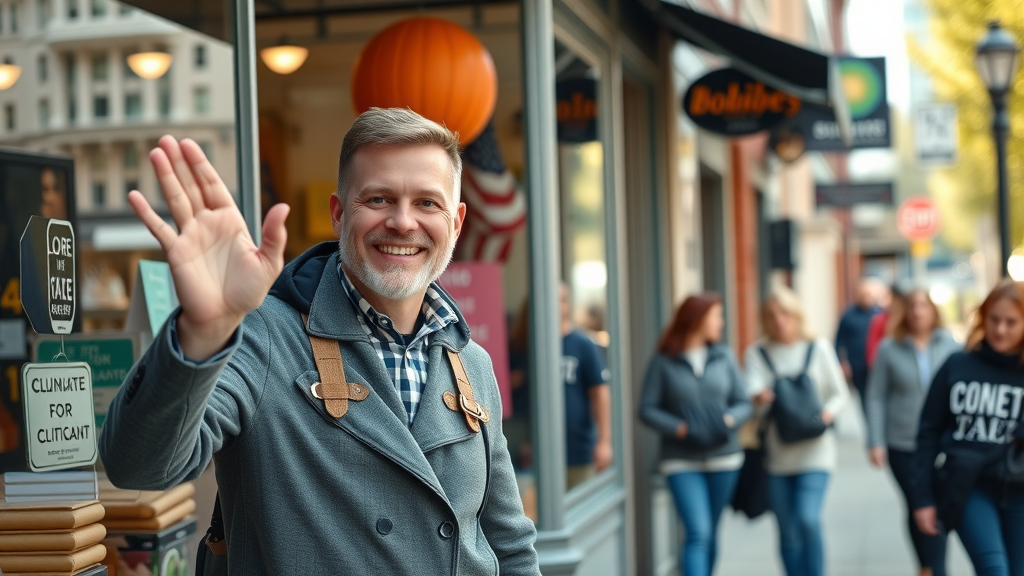 vibrant local business storefront with owner greeting customers, highlighting local business video ads