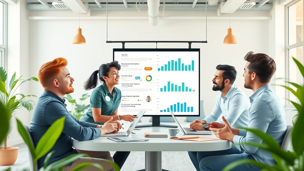 Creative marketing team optimizing sales funnel strategies on digital screens, modern workspace