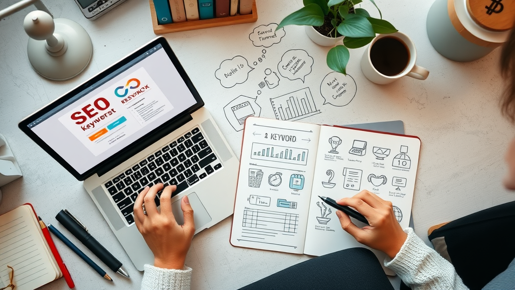 Laptop with keyword research tool, seo strategies, keyword research, blog post planning, page seo
