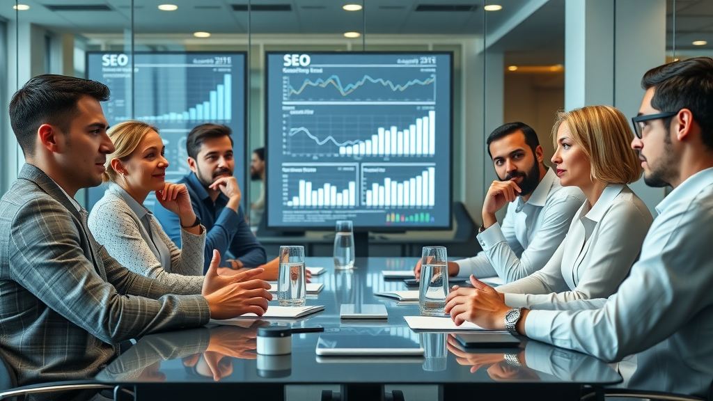 Digital marketing experts discussing seo strategies, search engine optimization, seo checklist