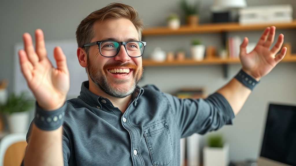 Small business owner celebrating improved website performance metrics, technical seo, search engine optimization