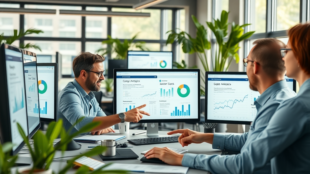 Dynamic office environment with digital marketers analyzing website analytics and search engine ranking charts
