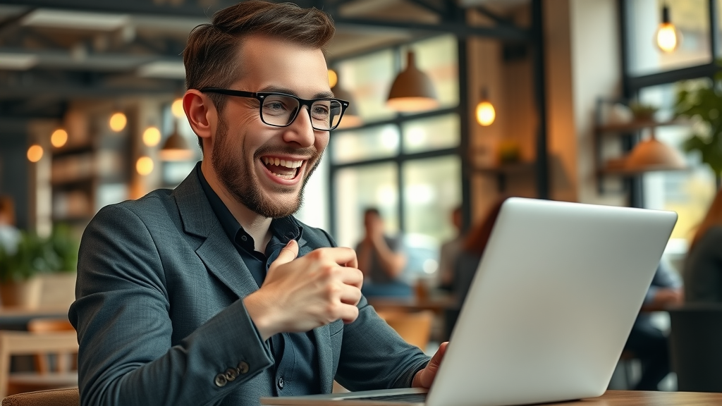 Excited small business owner reviewing online analytics and tracking search engine rankings