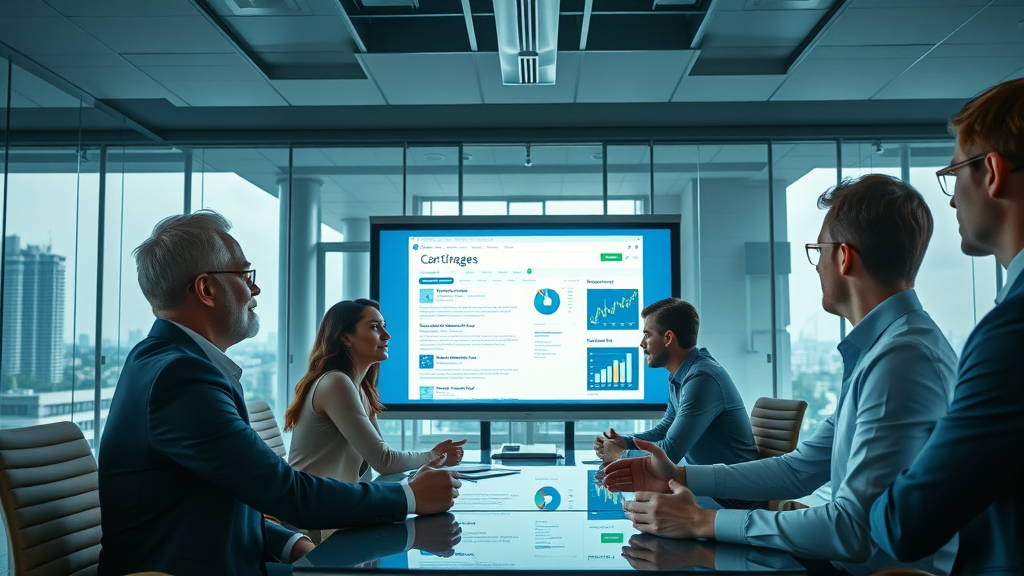 Corporate team studying search engine results for improved SEO strategies