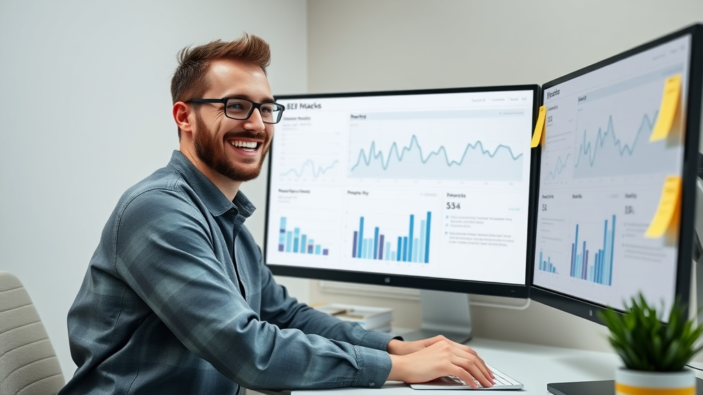 Marketer reviewing SEO performance metrics and search engine ranking improvements