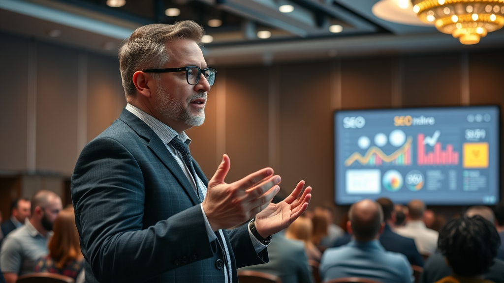 SEO industry expert presenting top SEO strategies for engine optimization success