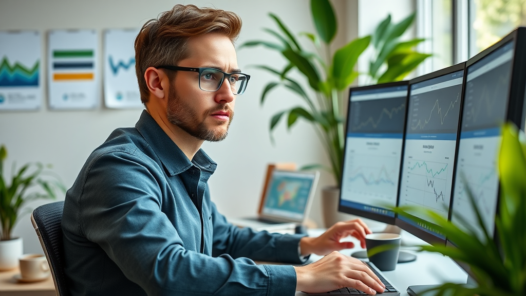 Innovative SEO specialist analyzing graphs and search data for SEO keyword research in a modern office