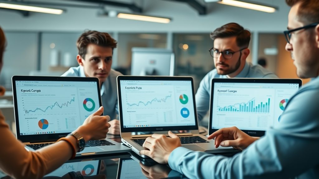 Comparison of keyword research tools by SEO experts on laptop screens for the best free keyword research tool and paid solutions