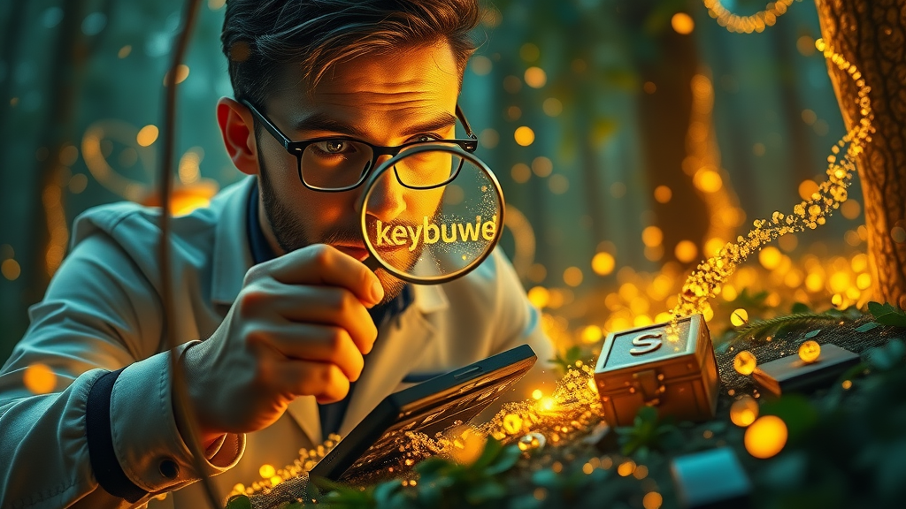 Imaginative SEO specialist discovers golden long-tail keyword ideas and related keywords using a magnifying glass in a magical digital forest