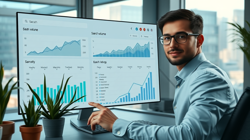 Professional digital marketer reviews monthly search volume charts and SEO keyword research growth on a dashboard