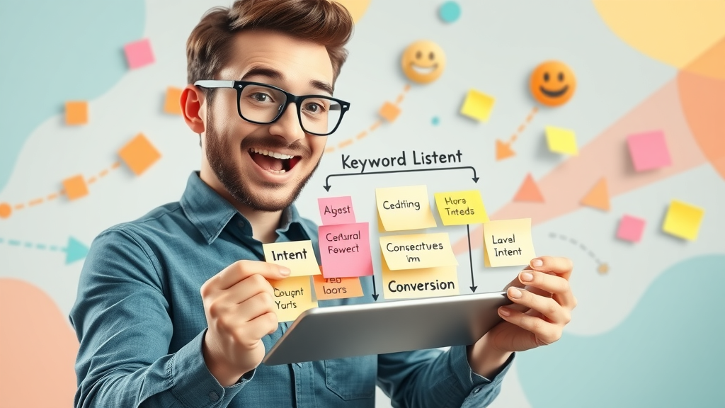 Colorful visualization of structured keyword list organized on a digital tablet by intent and funnel stage