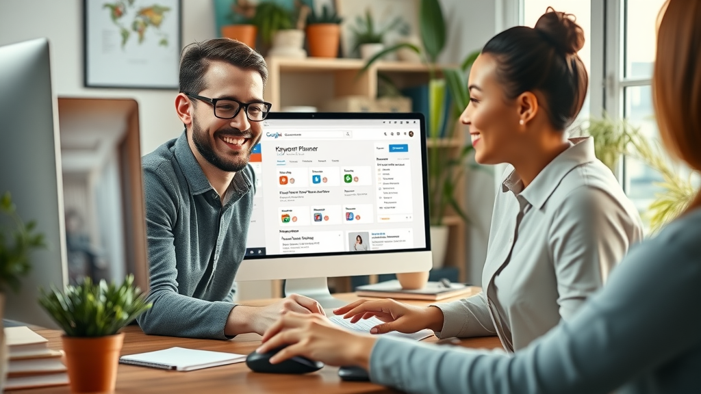 Google Keyword Planner interface for keyword research in SEO, business owner and team researching keywords