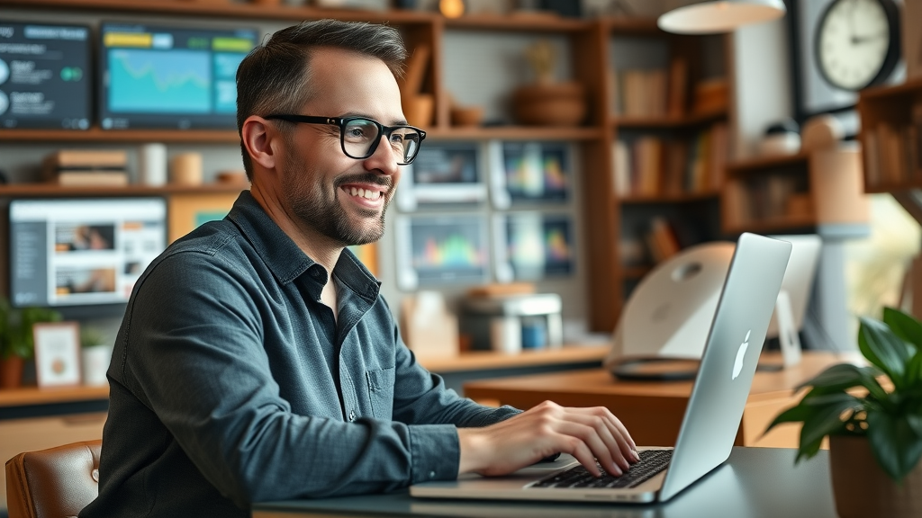 small business owner using marketing automation software laptop workflow progress dashboard