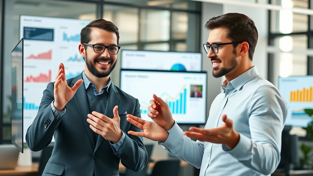 Dynamic business professionals analyzing website growth charts in a modern office with search marketing dashboards in the background, representing SEO vs SEM strategies.