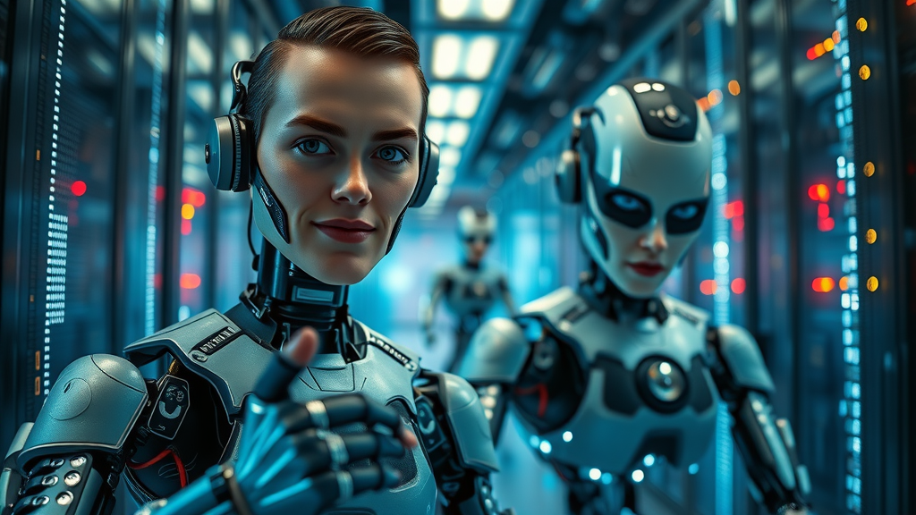 Sophisticated server rooms and algorithm-driven search bots visualized, showing how search engines crawl the web in the engine market.