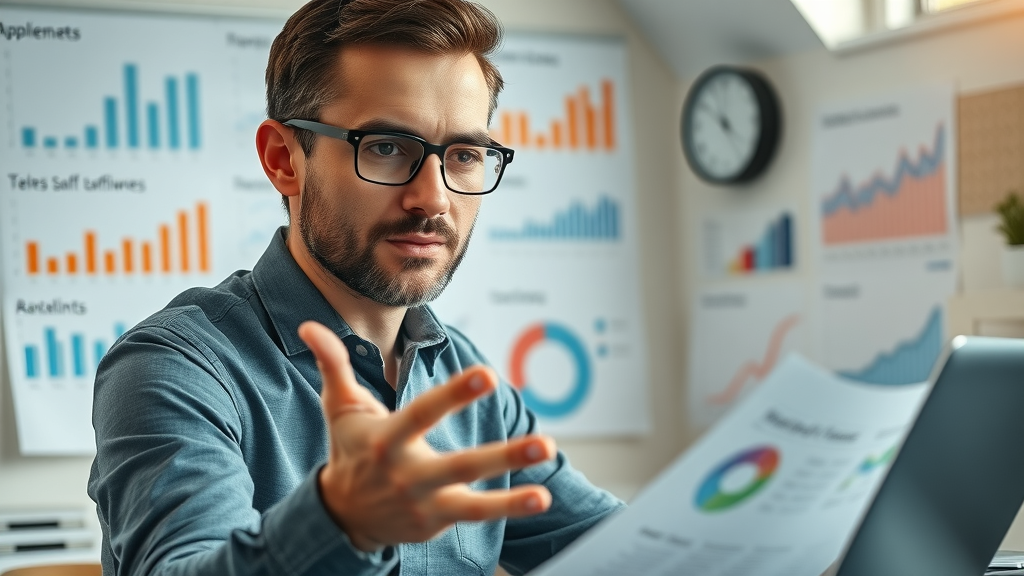 Focused SEO strategist balancing website elements, mapping keywords and backlinks for search engine optimization.