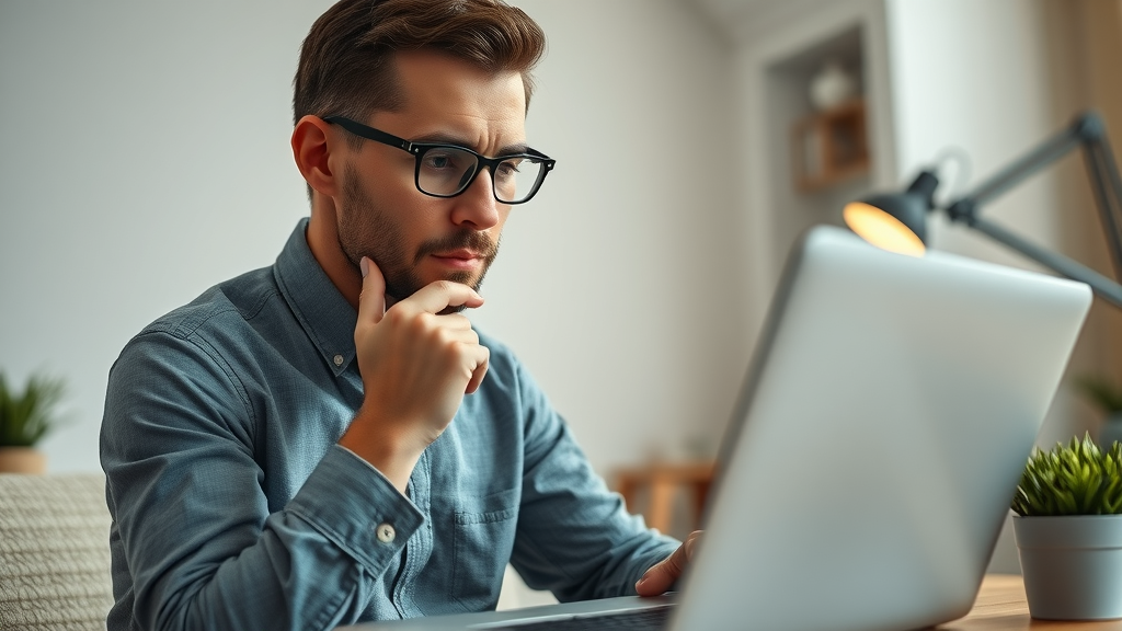 Detail-oriented marketer auditing website on laptop for on page SEO—analyzing keyword density and content structure.