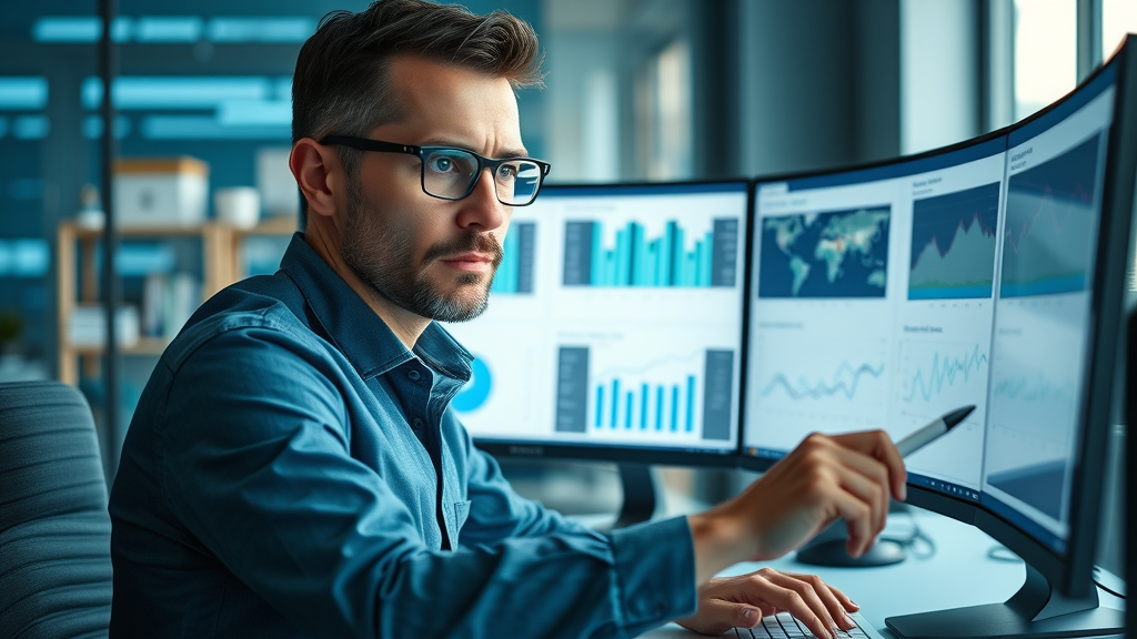 Expert digital marketer using keyword research software, exploring search trends and keyword clusters for SEM and SEO.