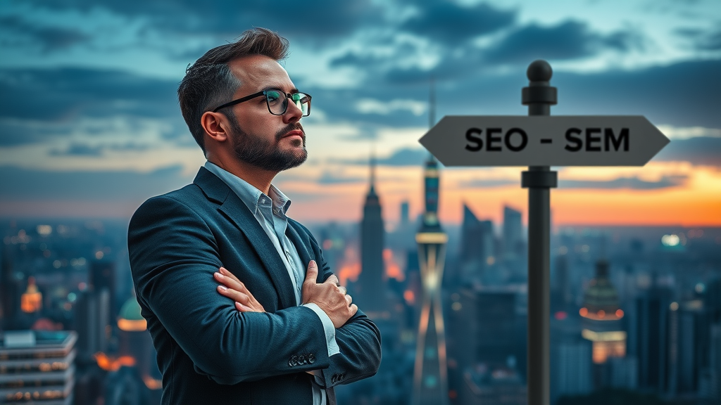 Confident business strategist at a crossroads, evaluating decision paths for SEO and SEM in the search engine market.