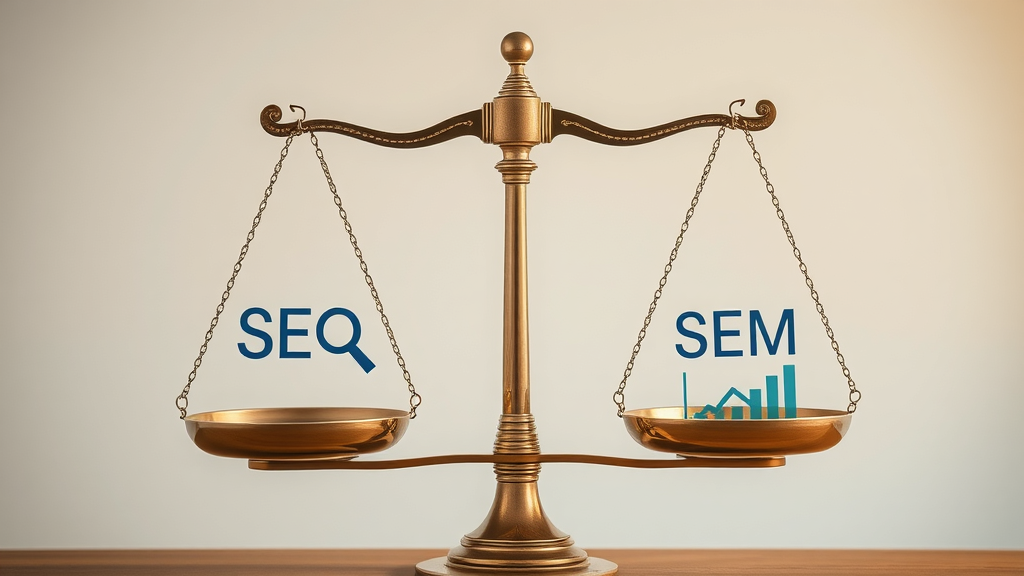 Balanced set of traditional scales, one side with SEO icons, the other with SEM icons, symbolizing the pros and cons in the search engine market.