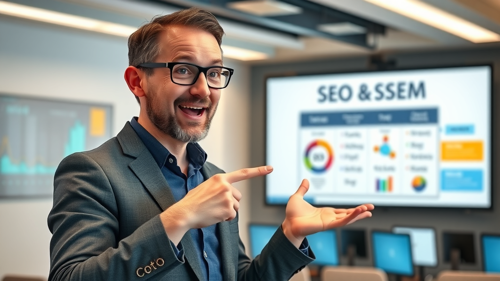 Knowledgeable presenter summarizing SEO and SEM strategies with actionable tips for boosting performance in the search engine market.