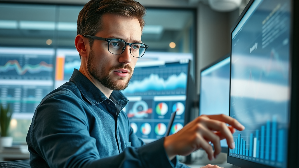 google seo ranking factors digital marketer analyzing website data on analytics dashboard in modern office