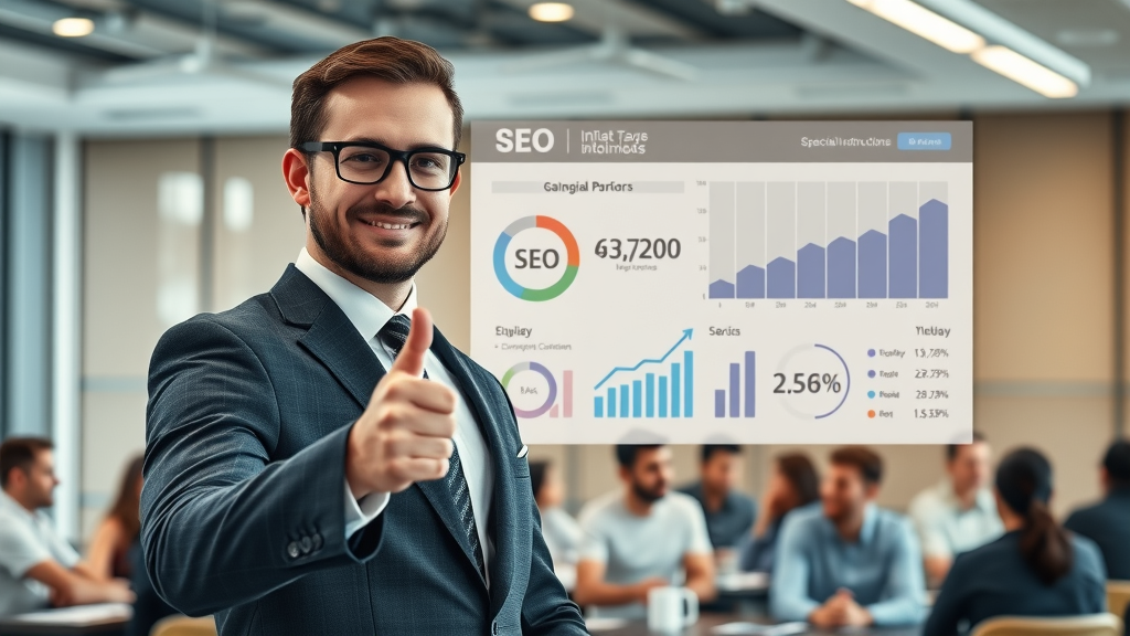 google ranking factors infographic business professional explaining SEO data in conference room with digital chart